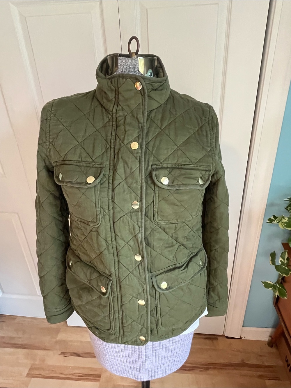 J. Crew Quilted Olive Utility Jacket with Gold Snaps
